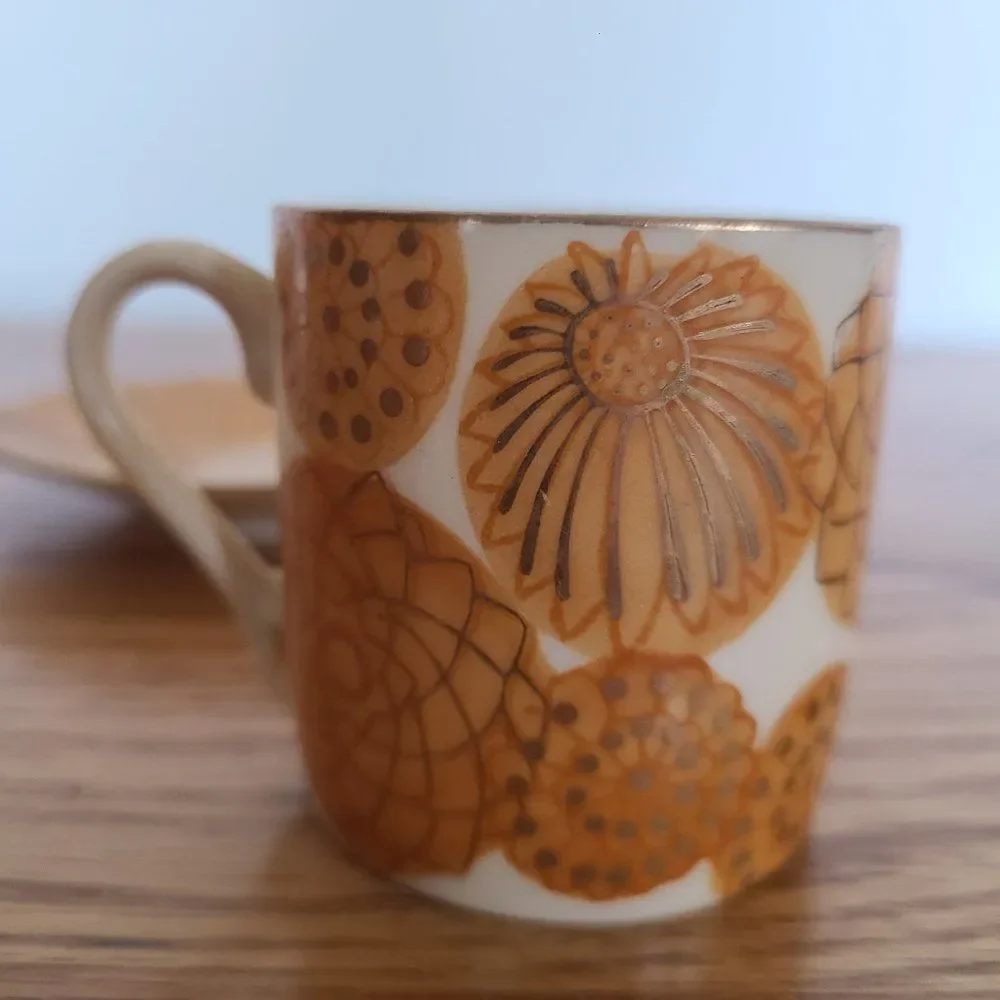 Inarco Demitasse Cup and Saucer Set Golden Splendor Floral Pattern Japan RARE